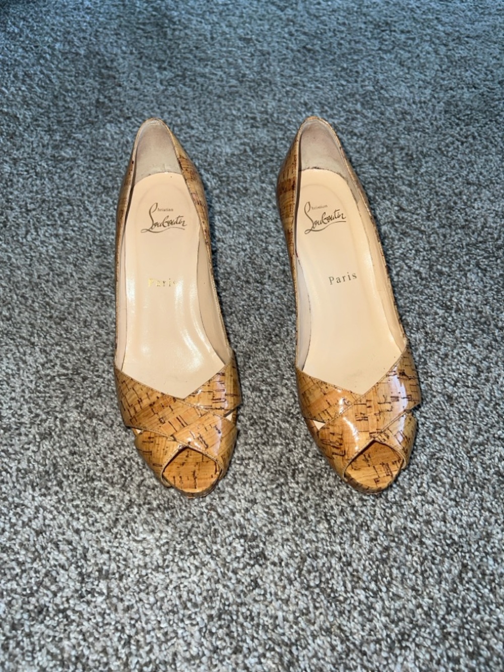 Christian Louboutin Cork Peep-Toe Pumps in Tan/Cork